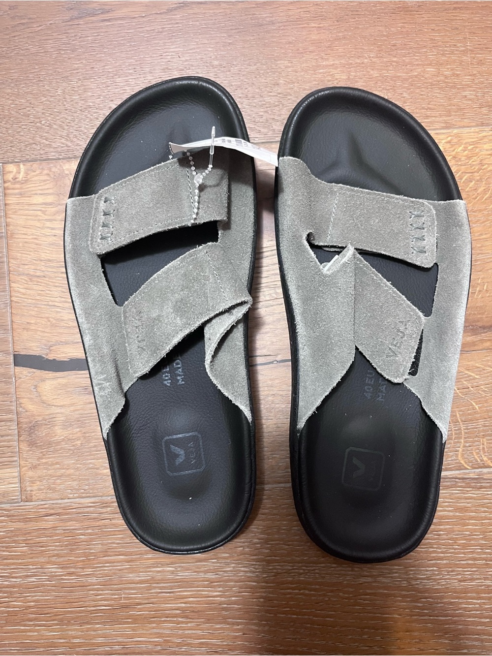 Women’s Suede Slide Sandals in Gray with Black Footbed